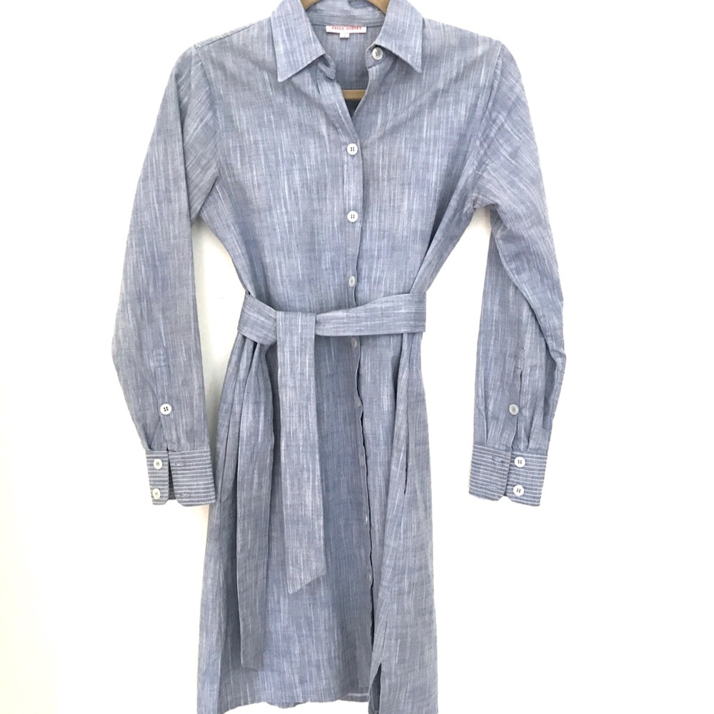 Chambray Button Front Long Sleeve Shirt Dress